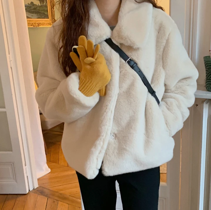 

Осенне-зимняя одежда, теплое плотное пушистое пальто, женская однобортная короткая куртка с отложным воротником и длинным рукавом, элегант...
