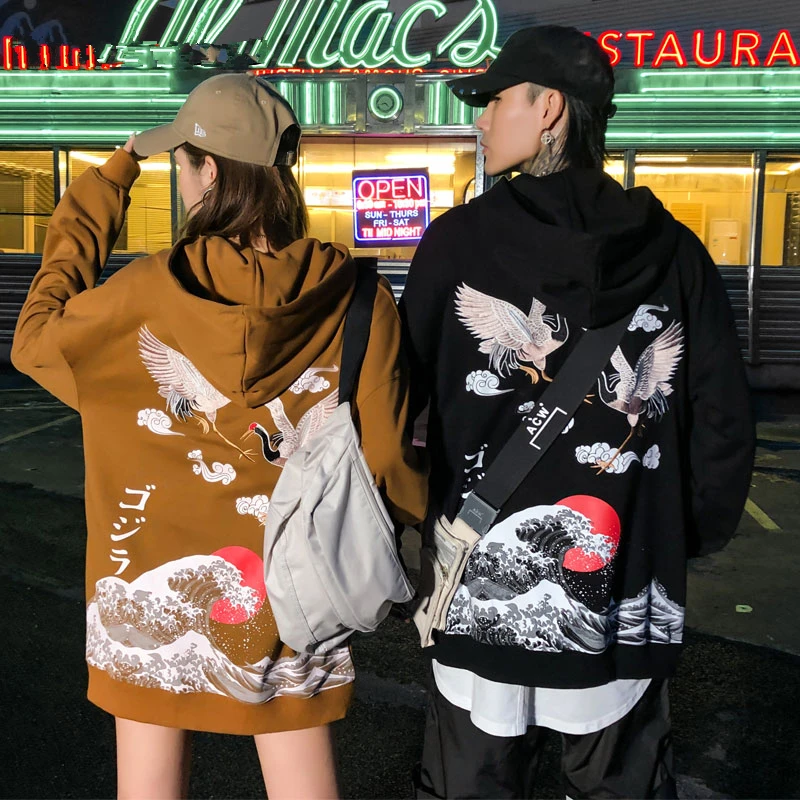 Японский стиль вышивка журавль Kanagawa Surf Принт толстовки уличная Harajuku Хип Хоп