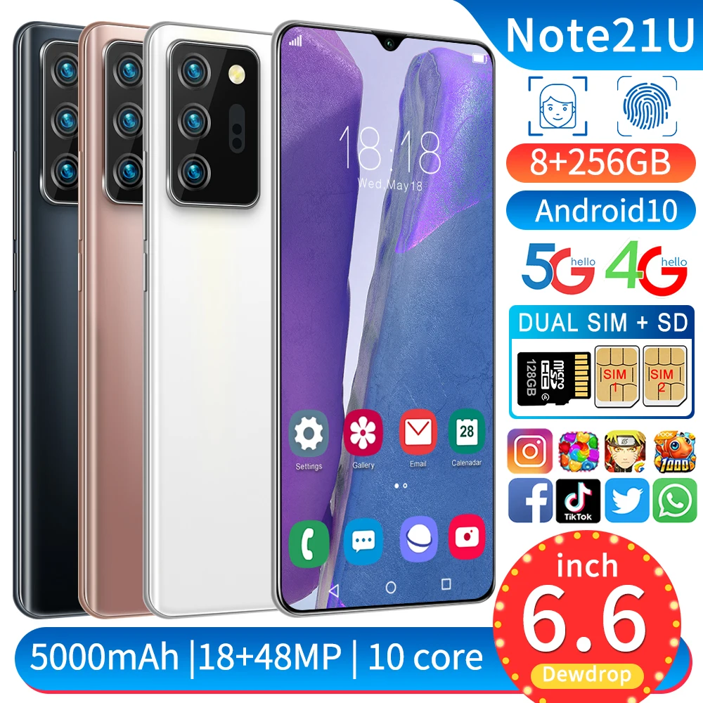 

Global Version 6.6 Inch New Note21U 8GB 128GB 18+48MP Andriod 10 Global Version Smartphones Ten Core Dual SIM 5G Cell Phone