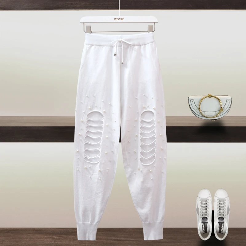 

Summer Spring Women Knitting Sweatpants Fashion Beading High waist Harem Pants Casual Joggers Female Elastic Waist Long Trousers