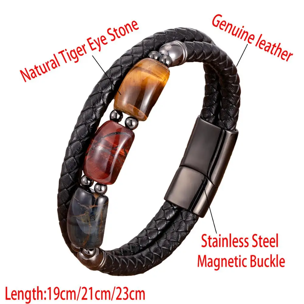 

High Quality Tiger Eye Stone Bracelets For Men Geometric Natural Stone Beads Leather Rope Bangles 2020 Men's Jewelry Accessories