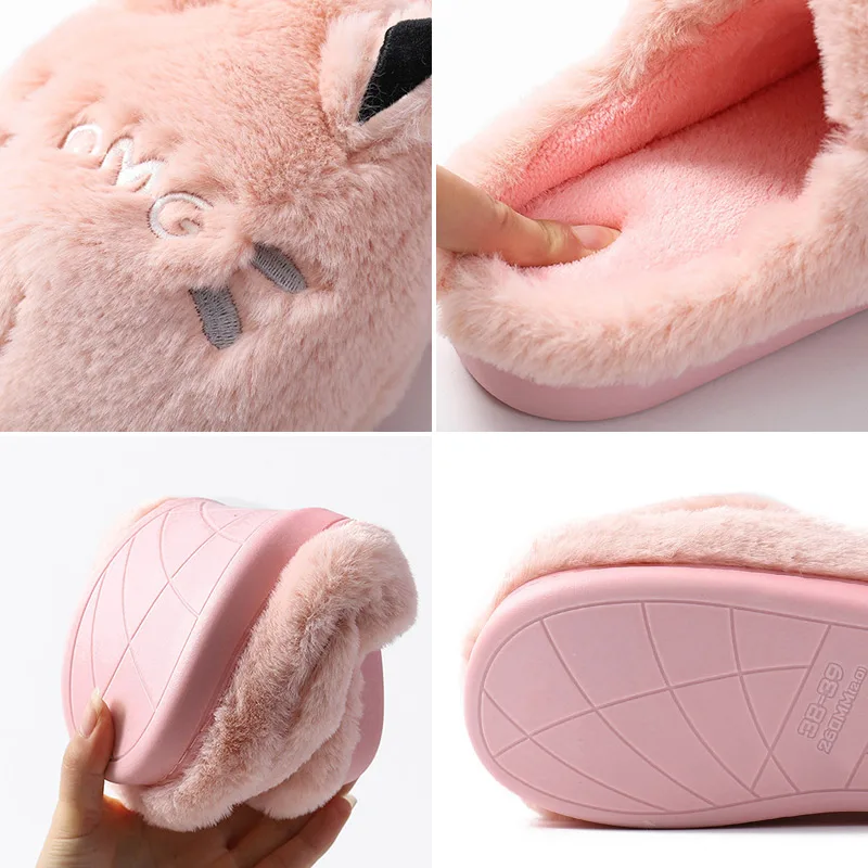

Women Slip On Plush Slippers Ladies Warm Indoor Flat House Shoes Cute Cat Woman Casual Home Slipper Female Footwear Shoe 2020