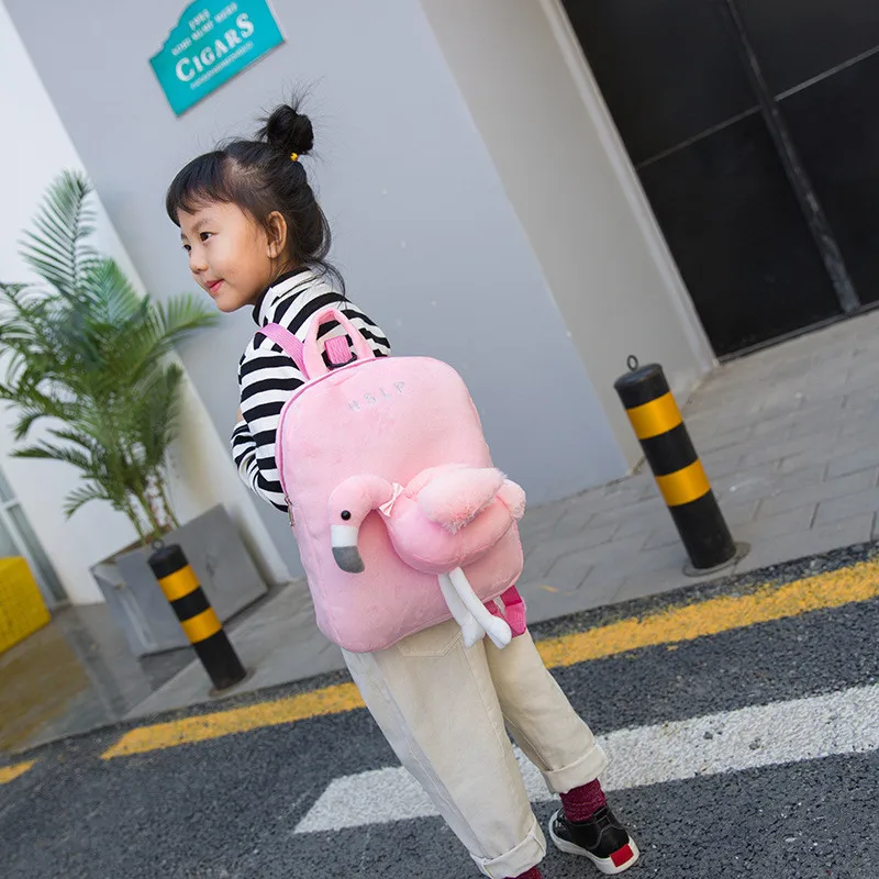 flamingo plush Backpack Children Zipper Schoolbag  for boys girls pink grey  small bags with pulling rope anti -lost bag