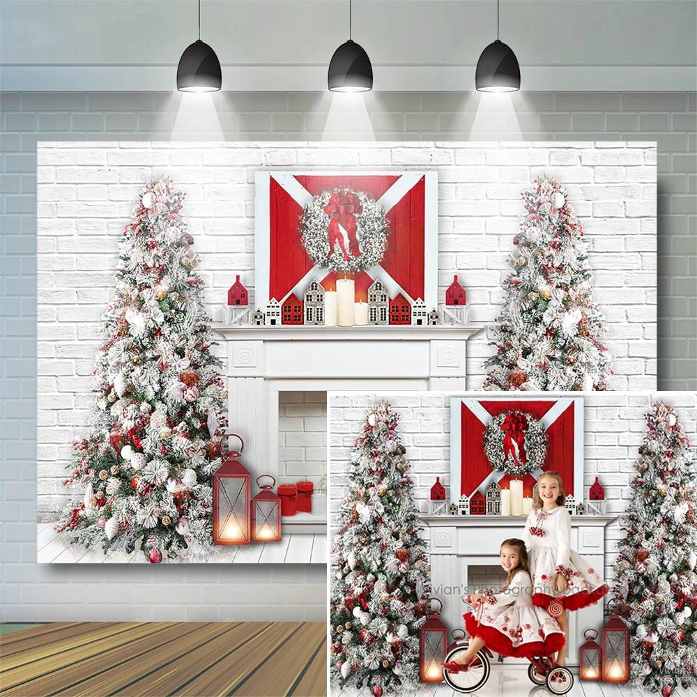 

Christmas Fireplace House Backdrop Child Photography Props White Brick Wall Kids Red Wreath Trees Background Baby Photostudio