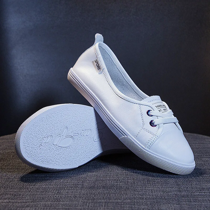 

Ginchasio 2021 Women Flats Soft Cow Leather Autumn Spring Round Toe Letters Lace Up White Color Ballet Flats Shoes