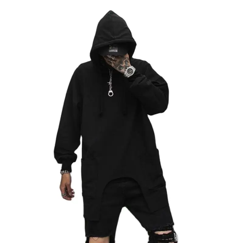 Длинная футболка в стиле хип-хоп панк-рок с капюшоном | Мужская одежда