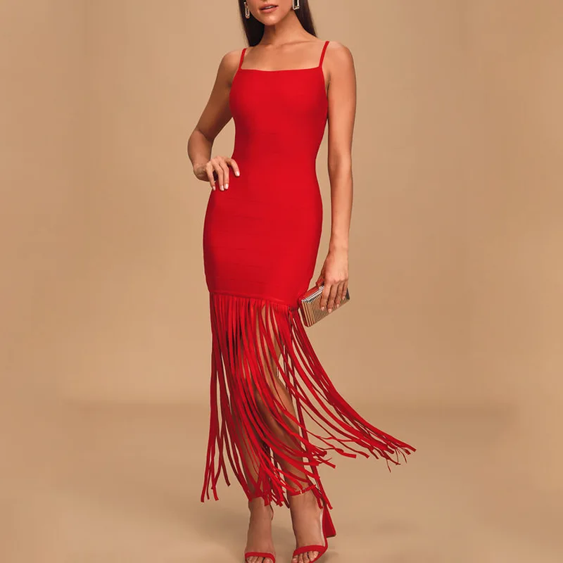 

2021 Winter Women Sexy Spaghetti Strap Slash Neck Hole Mesh Bandage Dress Elegant Celebrity Evening Runway Party Dress