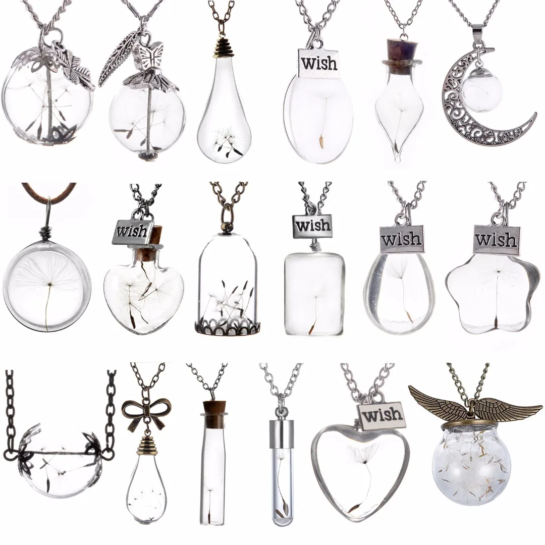 

Make A Wish Transparent Glass Wishing Bottle Necklace Pendant For Women Bohemian Natural Dandelion Seed in Glass Chain