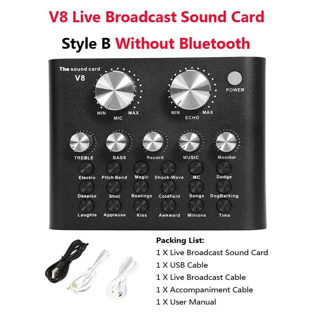 ALLOYSEED V8 аудио USB микрофон гарнитуры трансляция Live звуковая карта 112 виды Электрический звуковой трансляции для телефона компьютер PC аудиокарта звуковая карта внешняя звуковая карта - Цвет: V8 Style B Black