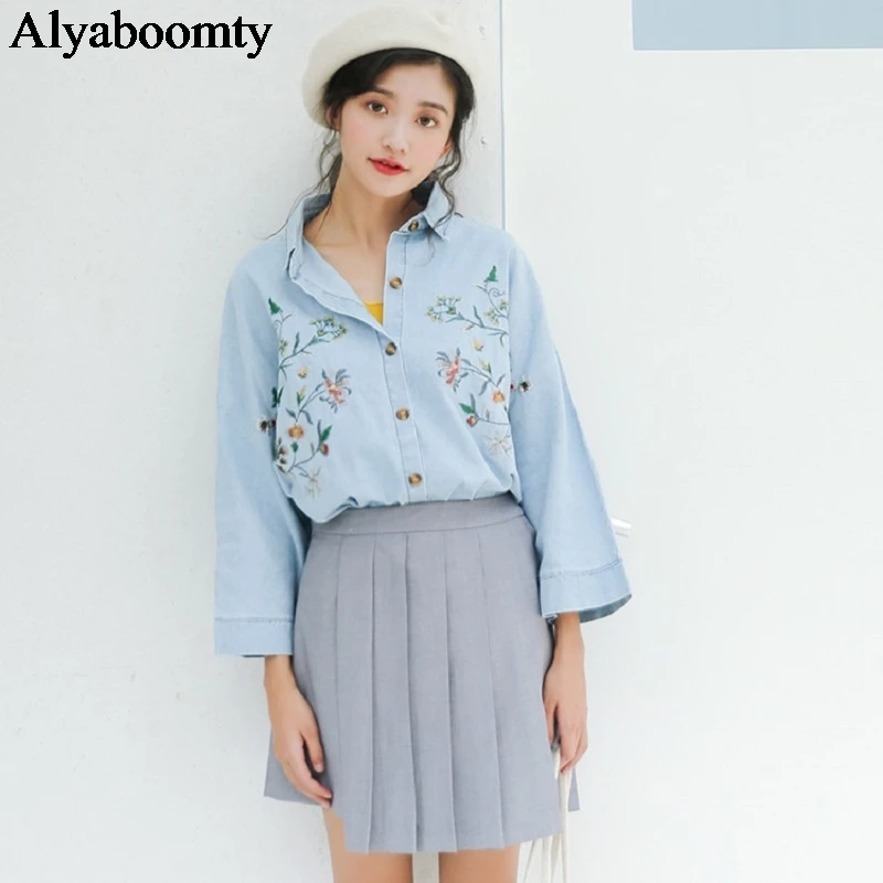 Женская Джинсовая блузка с цветочной вышивкой Элегантная большого размера в