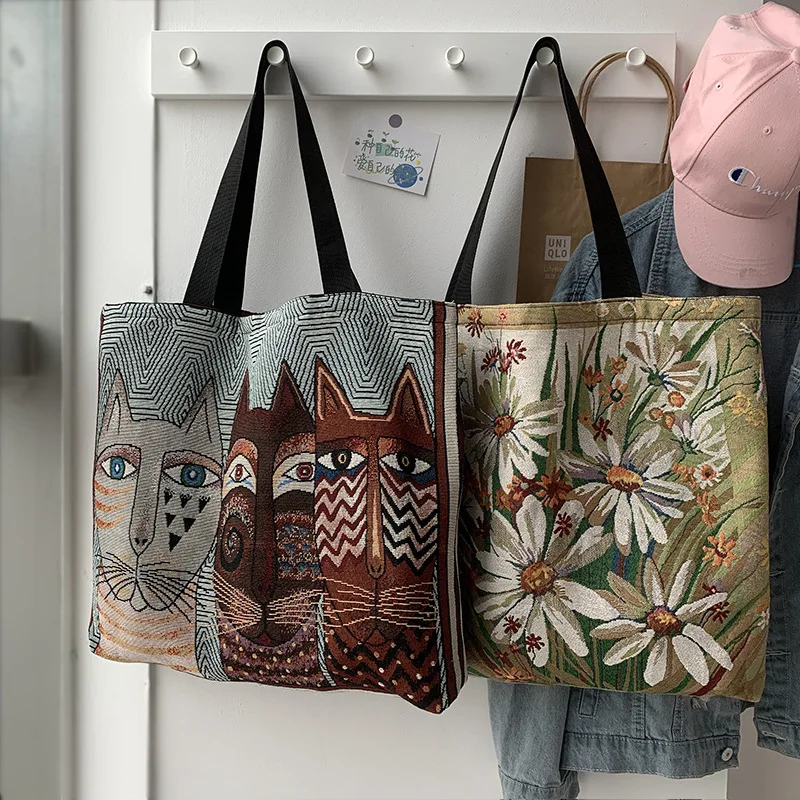 

Cartoon Printed Canvas Tote Shopping Bag Large Vintage European and American Woman Shopper Bag Cute Shoulder Student School Bag