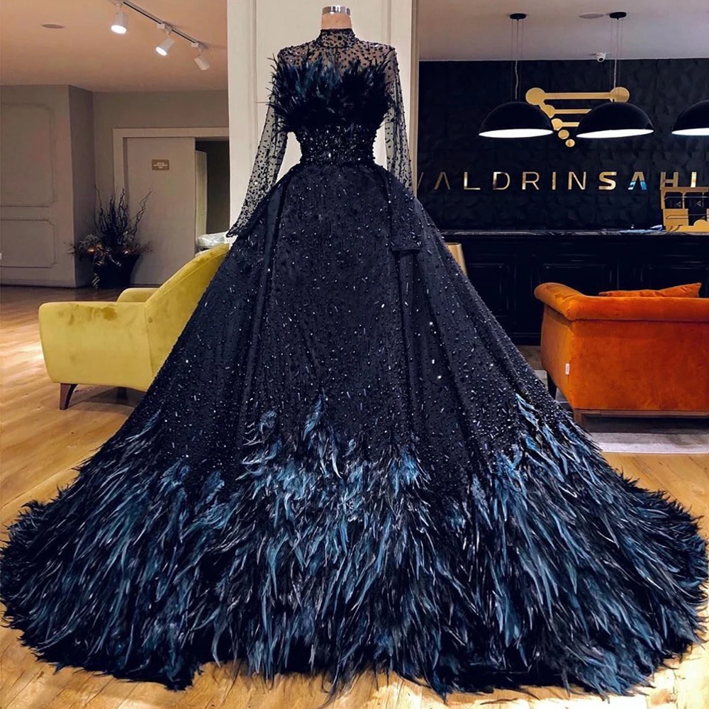 

Royal Blue Beading Evening Dresses 2021 Robes Soiree Dubai Illusion Crystals Prom Dress Arabic Feathers Party Women Formal Dress