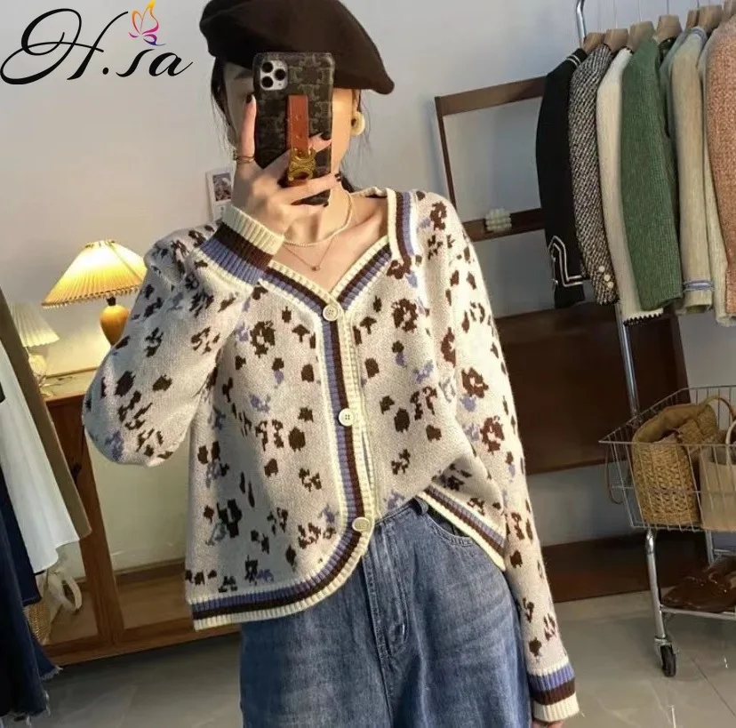 

Hsa 2021 Winter Autumn New Korean Style Loose Square Collar Knitted Cardigan Vintage Floral Sweater Cardigans Chic Sweater Coat