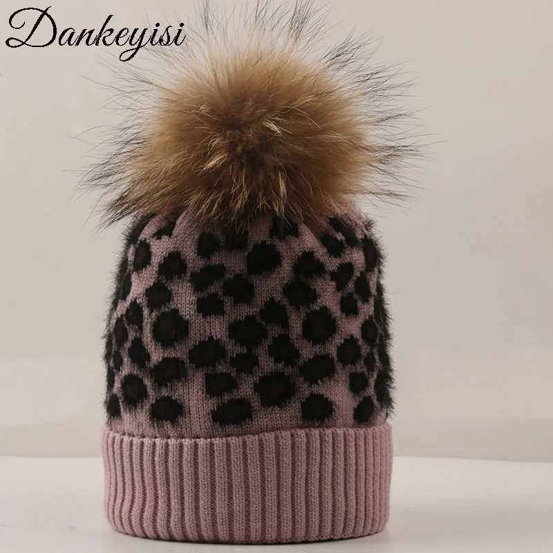 

DANKEYISI Winter Warm Women Knitted Hats Natural Raccoon Fur Pompon Hat Lady Thick Leopard Hat For Women Cap Beanie Female