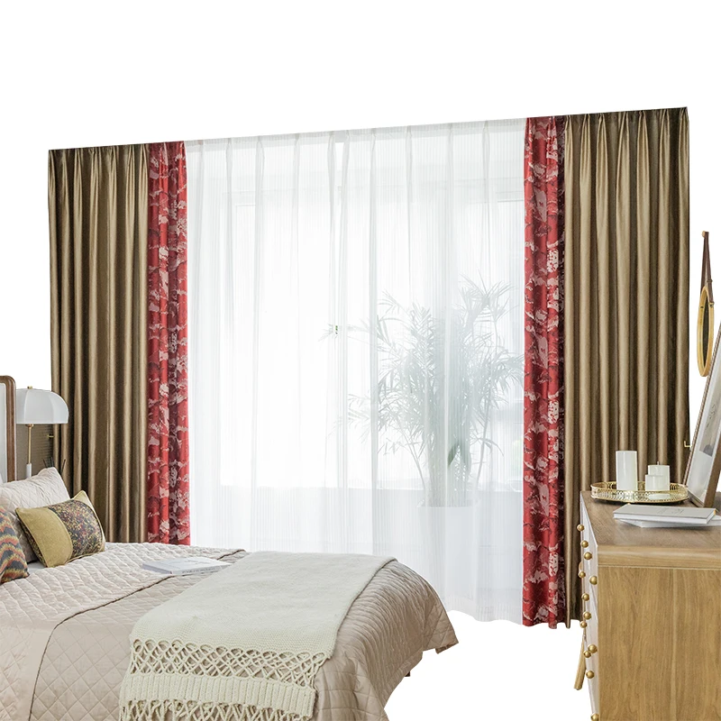 

Custom curtain Nordic livingroom Simplicity Splicing Jacquard red gold shading bedroom thick blackout curtain drape M962