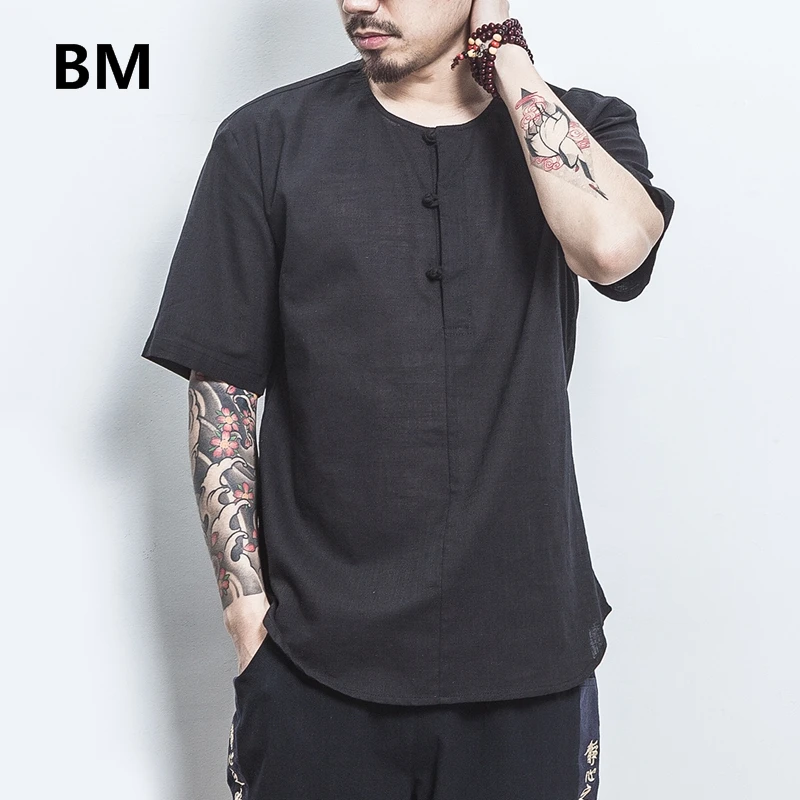 Hanfu Мужская свободная футболка в этническом стиле Харадзюку с коротким рукавом