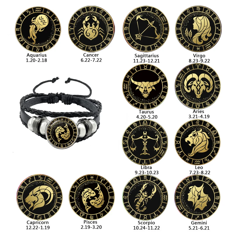 

12 Constellation Zodiac Sign Black Braided Leather Bracelet Cancer Leo Virgo Libra Woven Glass Dome Jewelry Punk Men Bracelet