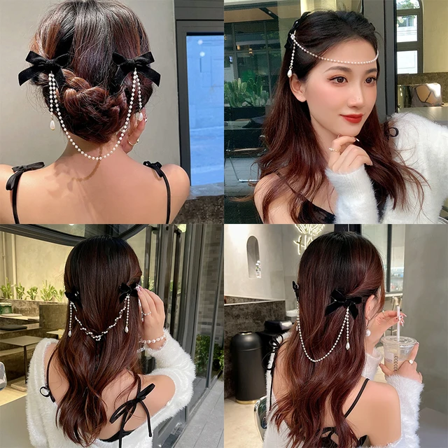 Tassel Elegant Vintage Bow Pearl Chain Hairpins Sweet Hair Decorate Headband Hair Clips For Fashion Hair Accessories 2