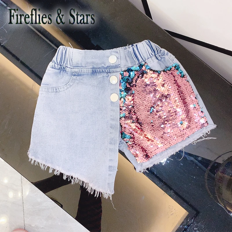 

Summer girls jeans baby hot shorts kids denim shorts children bottoms streetwear fashion sequin patch irregular 3-7Y