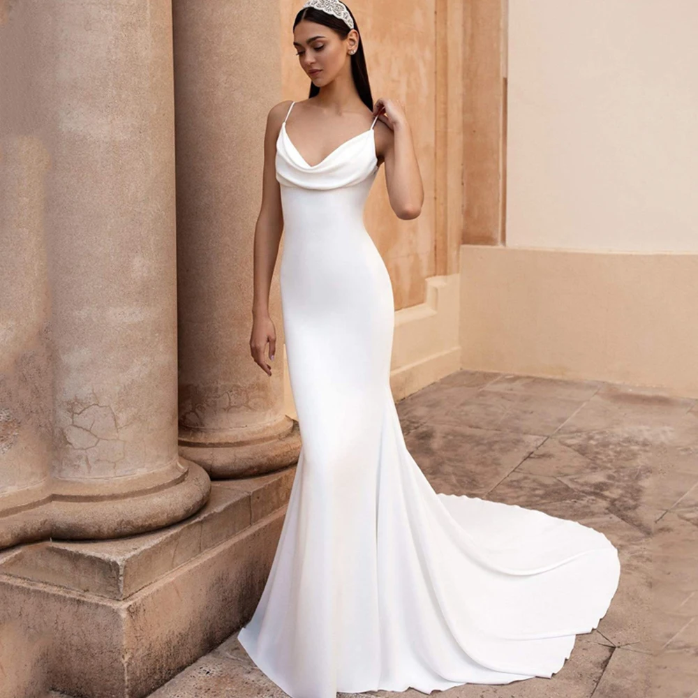 

Charming Spaghetti Straps Mermaid Wedding Dress Satin Backless Sleeveless Sweep Train 2021 White Bride Gowns Vestido De Noiva