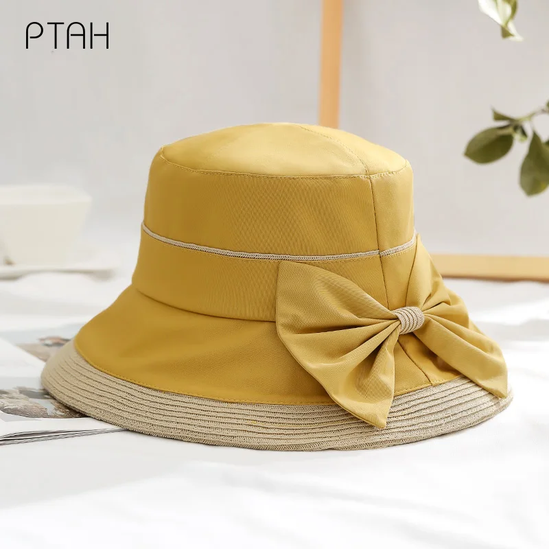 

[PTAH] Summer Women Sun Protection Hats Straw Cloth Foldable Hat Breathable Lightweight Visors Anti-UV Beach Cap Shopping Casual