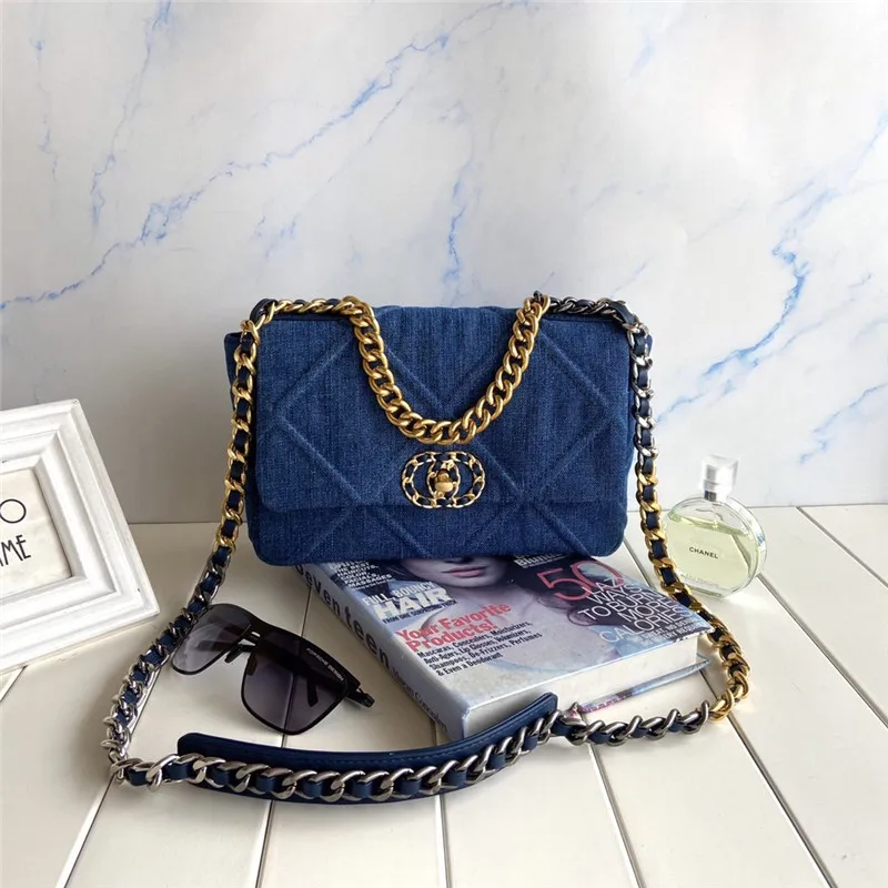 

2020 new small fragrant style denim rhombus chain portable CF flap bag fashion one-shoulder diagonal bag leather handbag