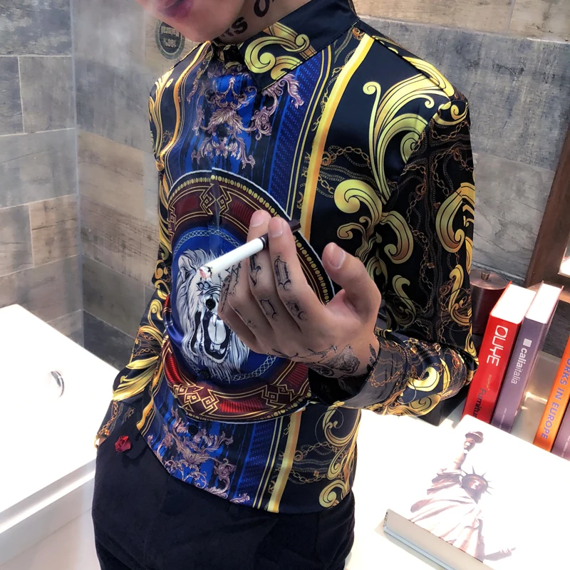 Роскошные мужские рубашки в Корейском стиле модная одежда Клубные с принтом льва