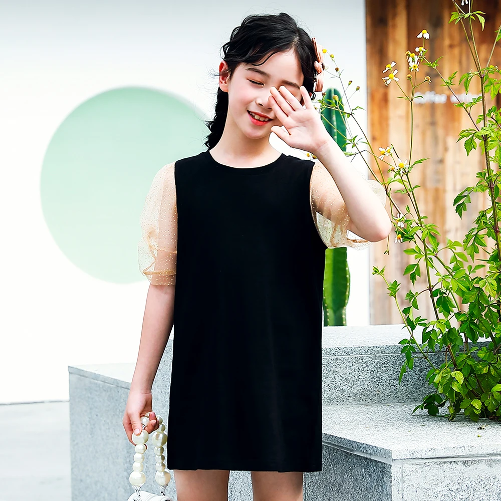 

2021 Summer Dress Girl Clothes Cotton Black Puff Sleeve Teens Girls Dresses Kids Clothing Princess T Shirts Dress Casual Tops
