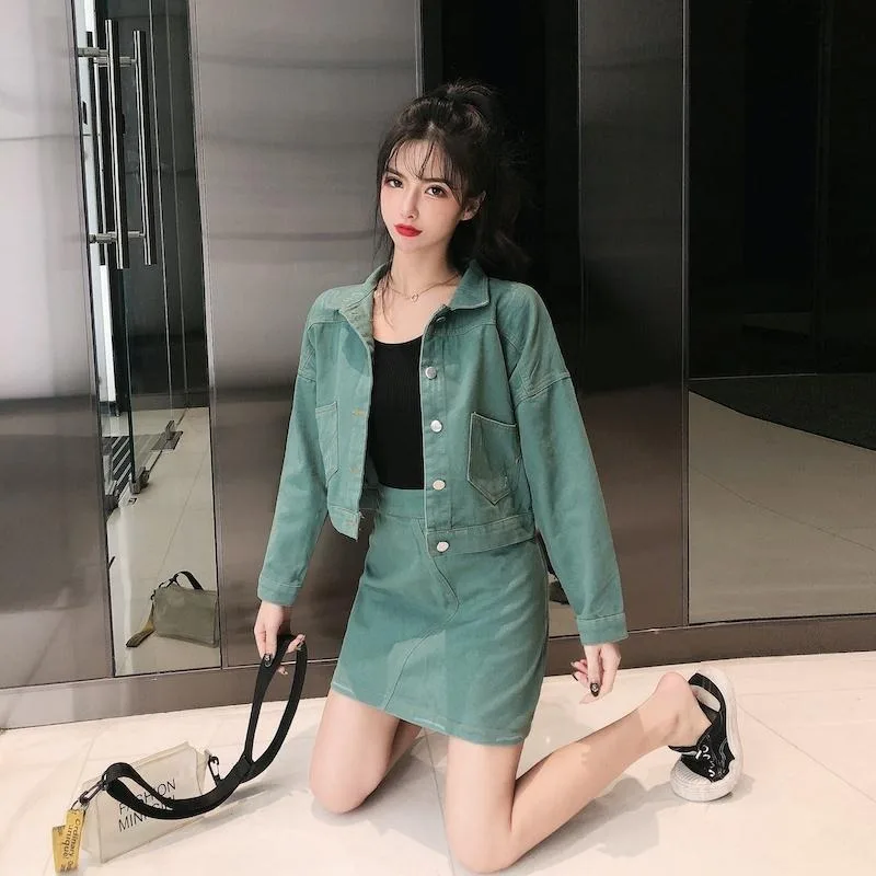 

2021 New Spring Autumn Fashion Women Denim 2-pcs Suit Short Solid Color Jacket + High Waist Bag Hip Skirt Two-piece Sets Y256