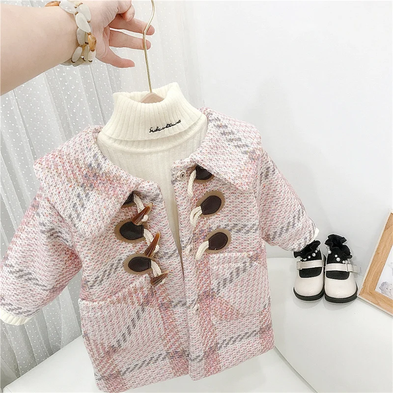 

Girls Woolen Coat Jacket Cotton Outwear 2022 Elegant Warm Thicken Plus Velvet Winter Teenager Furs School Children's Clothes