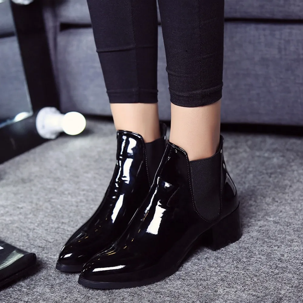 

New Arrival Women Boots Elasticated Patent Leather Ankle Boots Pointed Low Heel Boots Female Sexy Fashion Shoes Zapatillas Mujer