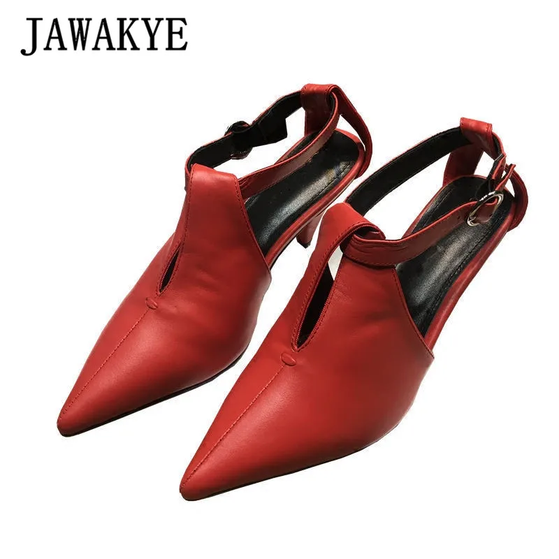 JAWAKYE/босоножки из натуральной кожи на шпильках; женская летняя удобная обувь на высоком каблуке с острым носком; красные, черные сандалии-гладиаторы
