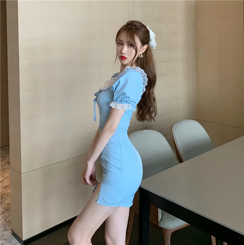 

Summer 2021 Korean Style Sexy Slimming Hip Skirt French Minority Blue Lace Trim Square Collar Lace Up Dress