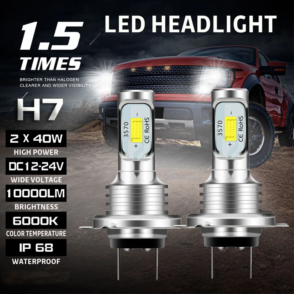 2Pcs H7 LED Headlight Kit 80W 10000LM Hi Or Lo Beam Bulbs 6000K White IP 68 Waterproof Canbus Led Car Accessories