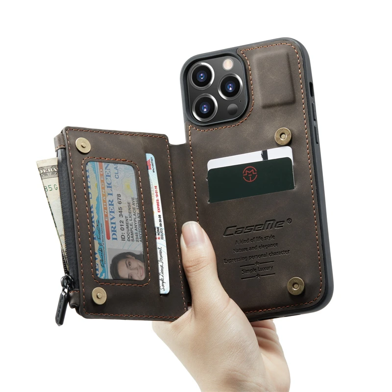 Lite Zipper Wallet Leather Phone Case For iPhone 13 12 11 Pro Max 7 8 Plus X XR XS Max Shockproof Card Slot Bracket Cover