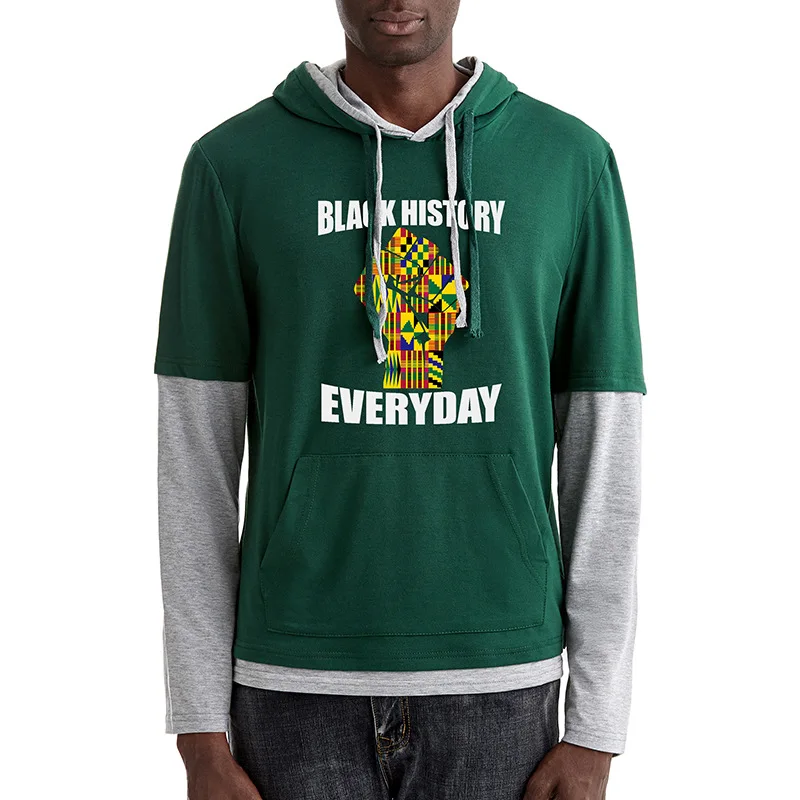 

Fake Two Pieces African Dashiki Hoodie T Shirt Men 2022 Brand Long Sleeve African Clothes Men Casual Tshirt with Kangaroo Pocket