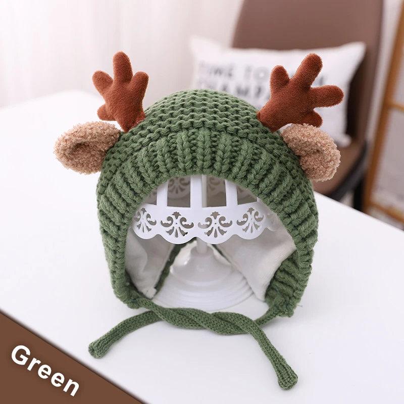 Милая детская шапка с оленем оленьими рогами зимняя теплая плюшевая Вязаная