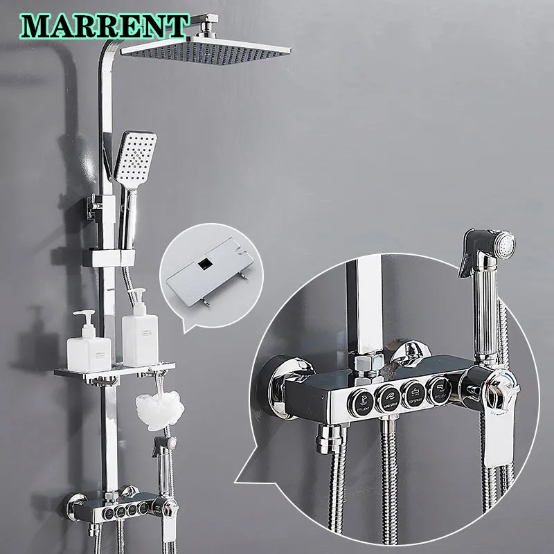 

Rainfall Chrome Thermostatic Bathroom Showe System In-wall Mounted Solid Brass Shower Faucet Mixer Multi-functional Shower Set