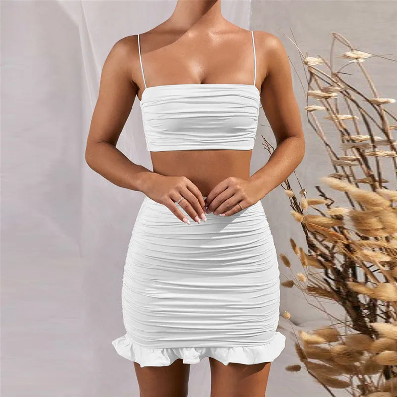 

Summer 2021 Women Set Spaghetti Strap Crop Top White Sexy And Mini Bodycon Skirt Ruffles Party Outfit Club Two Piece Sets