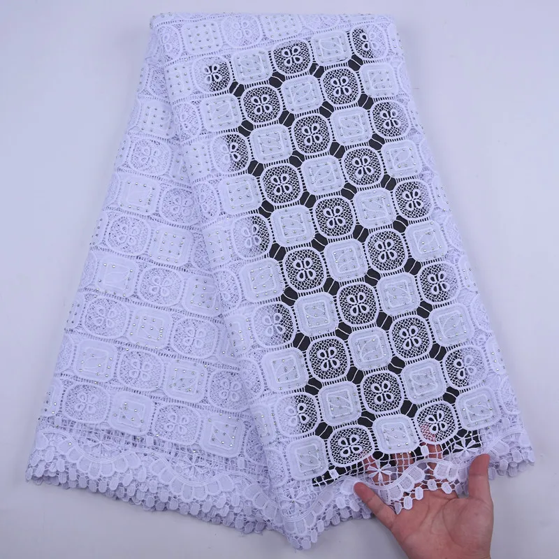 Pure White High Quality African Cord Guipure Lace Fabrics with Stone Latest Design French Nigeria Milk Silk Water Soluble Lace