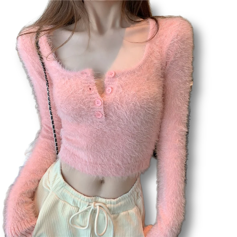 

Sexy Mohair Knitted Women Sweater And Pullovers Square Collar Button Long-Sleeved Short Empire Female Pulls Tops