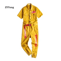 zyyong letter print mens short sleeve jumpsuit multi pocket hip hop workwear jogging pants mens yellow red loose overalls