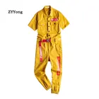 Комбинезон ZYYong мужской с надписью, короткий рукав, много карманов, рабочая одежда в стиле хип-хоп, брюки для бега, желтый красный Свободный комбинезон