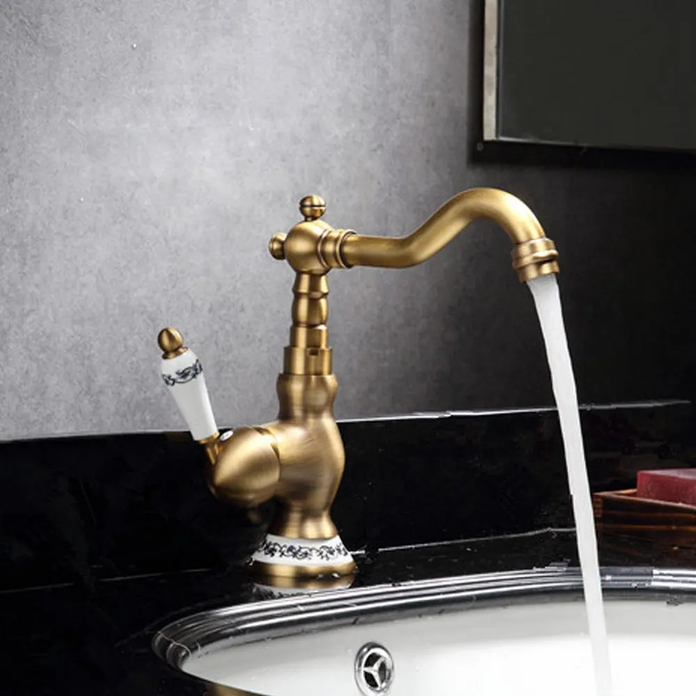 Европейский стиль Медный Ретро кран для умывальника ванной комнаты ручка из