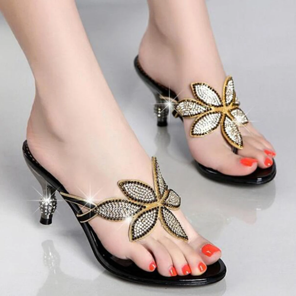 

GKTINOO Gold Blue Beach Shoes Women Rhinestone Sandals Designer Summer Female Slides Crystal Sandals Slippers High Heel Slippers
