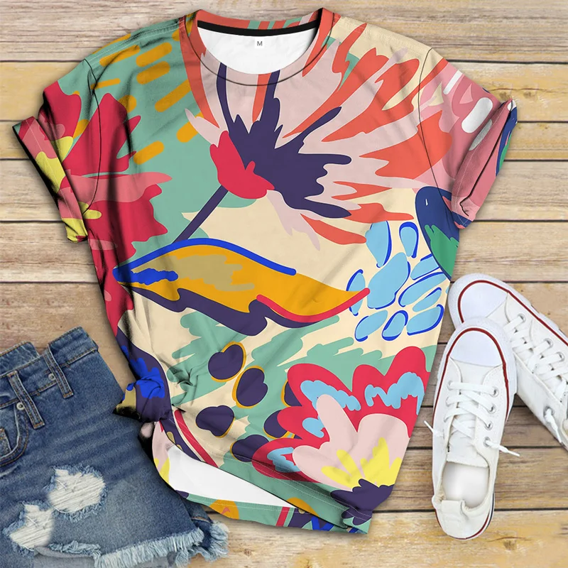

2021 Summer New Women's T-shirt Plant Flowers 3D Printing Loose O-neck Short Sleeve Hip Hop Leisure Sports Harajuku High Street