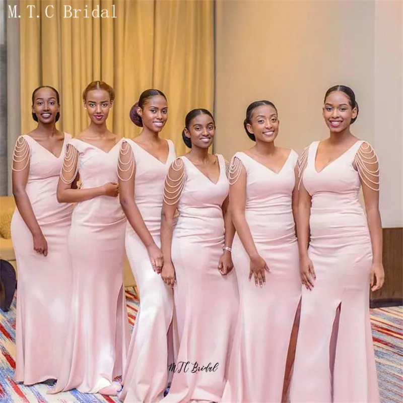 

Vestido Madrinha 2019 Wholesale African Bridesmaid Dresses V Neck Side Slit Mermaid Long Beading Bridesmaid Dress For Wedding