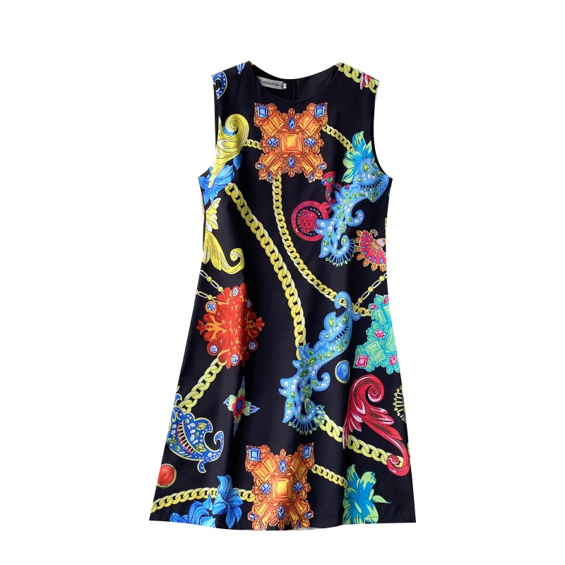 

Design Retro Print Dress Women O Neck Sleeveless Loose Casual Dresses Summer Korean Fashion Streetwear Short Dress