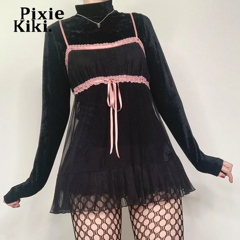 

PixieKiki cute black mesh a line dresses for women bow lace trim pleated mini dress soft girl y2k aesthetic clothes P84-CZ21