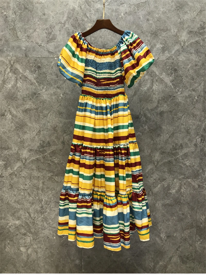 Bohemian Dress 2022 Spring Summer Fashion Style Women Sexy Slash Neck Colorful Striped Print Short Sleeve Casual Beach Dress